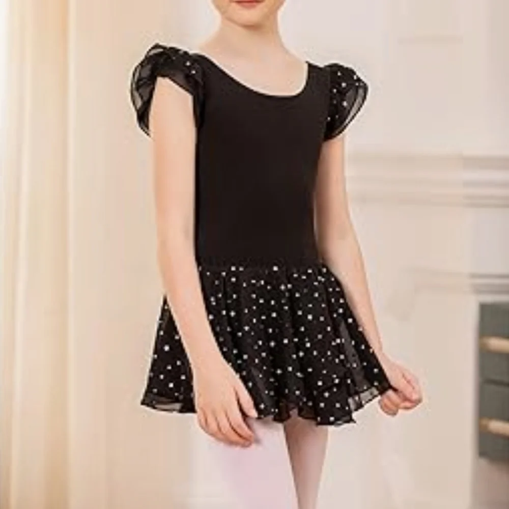 Arshiner Girls Ruffle Sleeve Ballet Dance Dress Tutu Skirted Leotard. Black.  Si